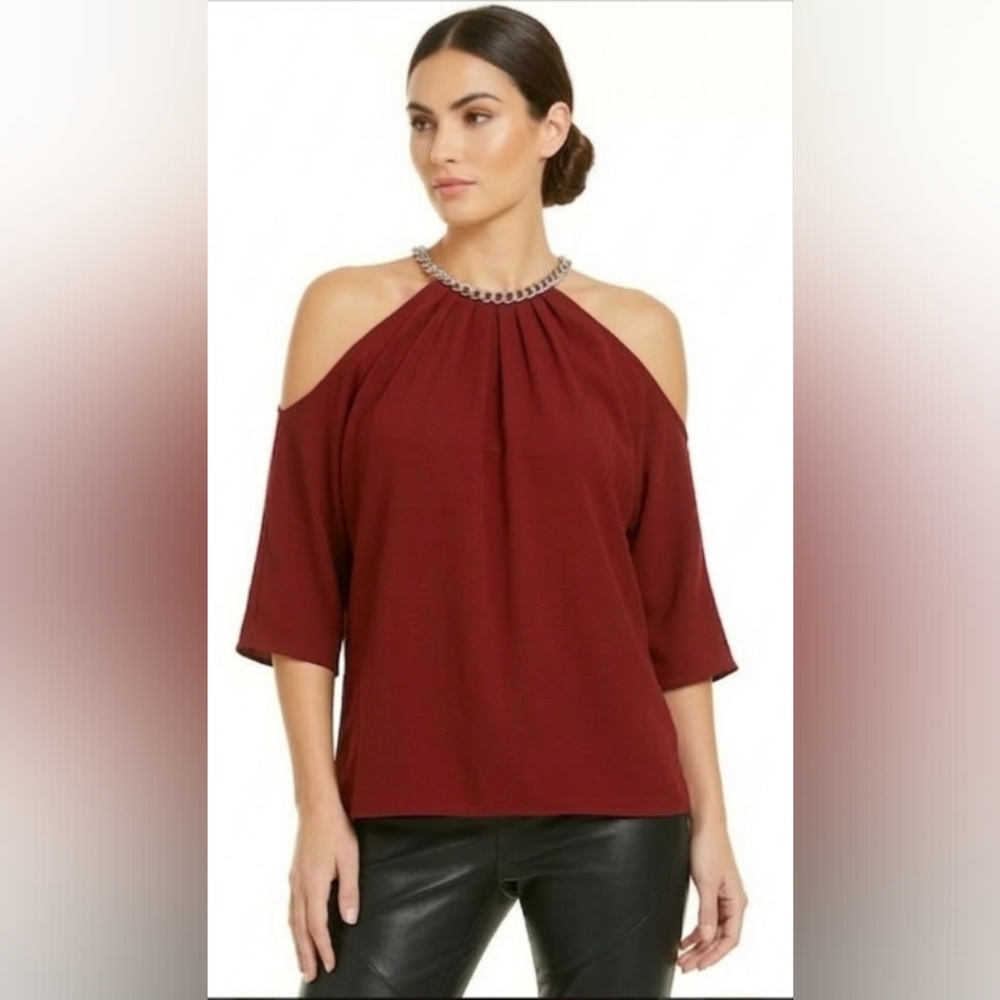 Michael Michael Kors Cold-Shoulder Halter Top with Chain Neck Size L